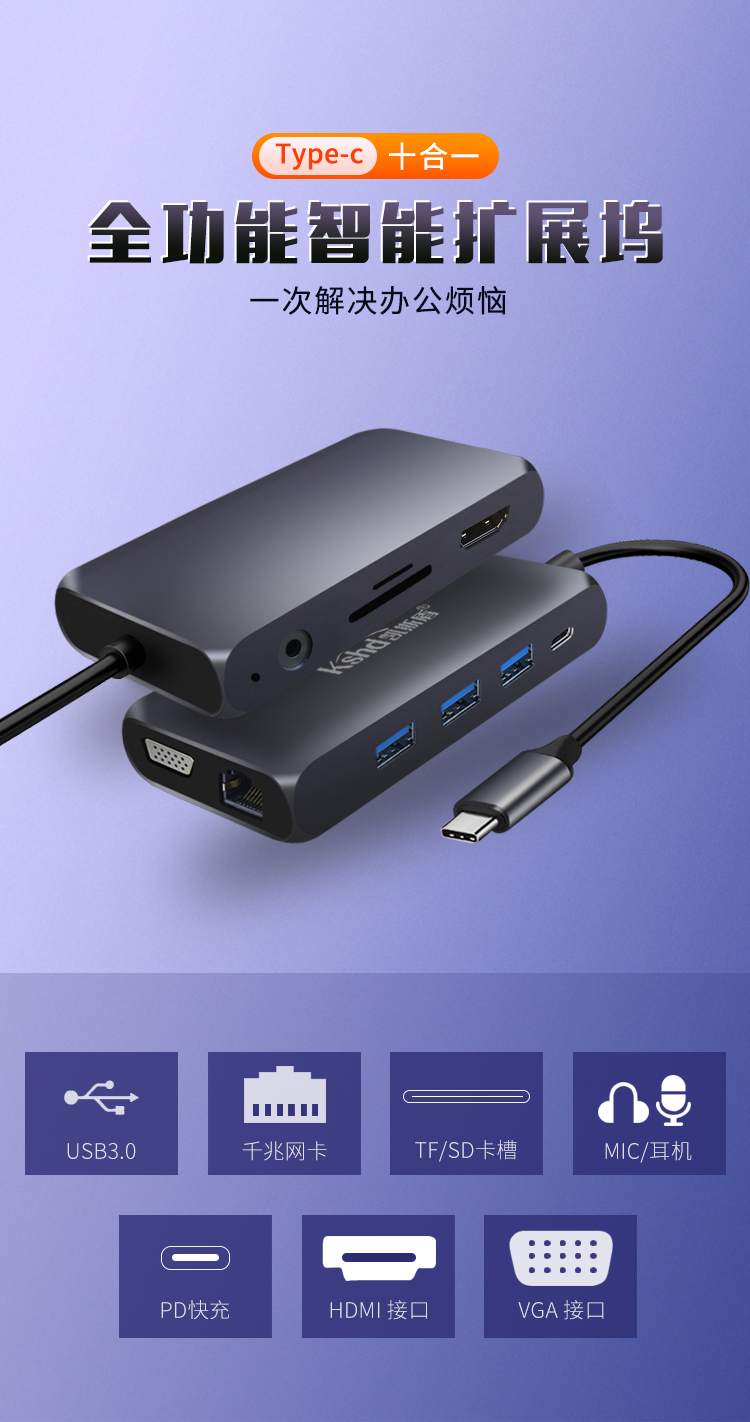 USB-C多功能10合1扩展坞